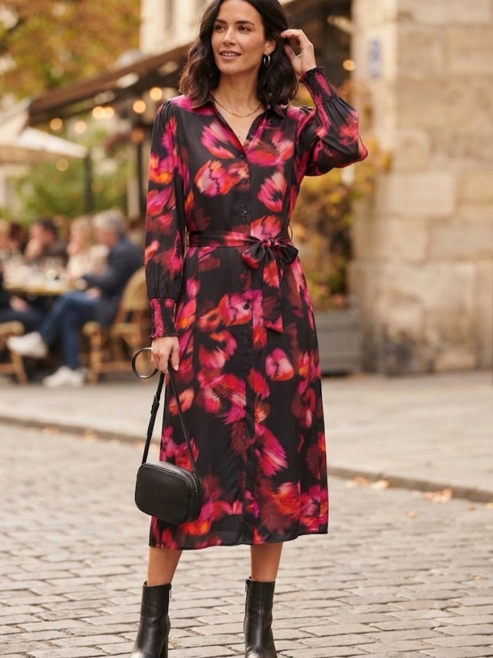 Kaffe Black Midi Shirt Dress with Pink & Red Floral Print Plus Size - #129